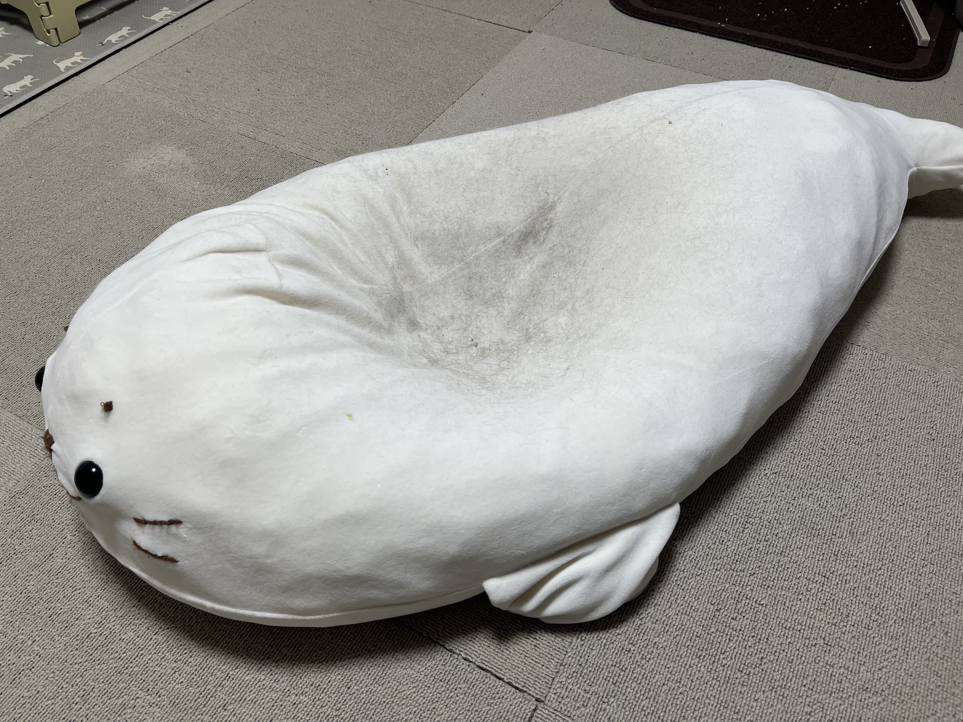 くったくたでぺったんこ 毛が溜まっているところがねこのポジション